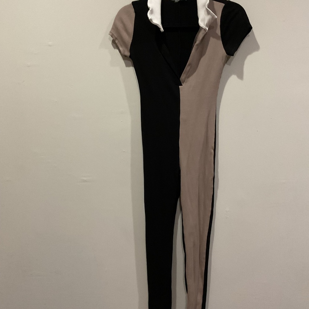 Fashion Nova Black and Tan Skinny Jumpsuit